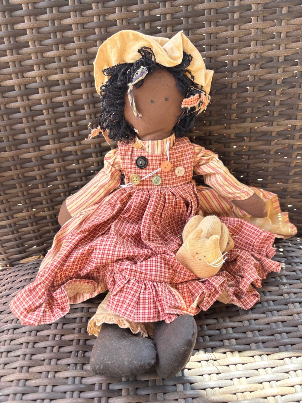 Vintage  Black cloth girl doll with kitty